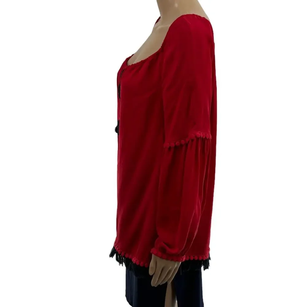 Tory Burch Sylvie Red Silk Tassel Tie Peasant Blouse